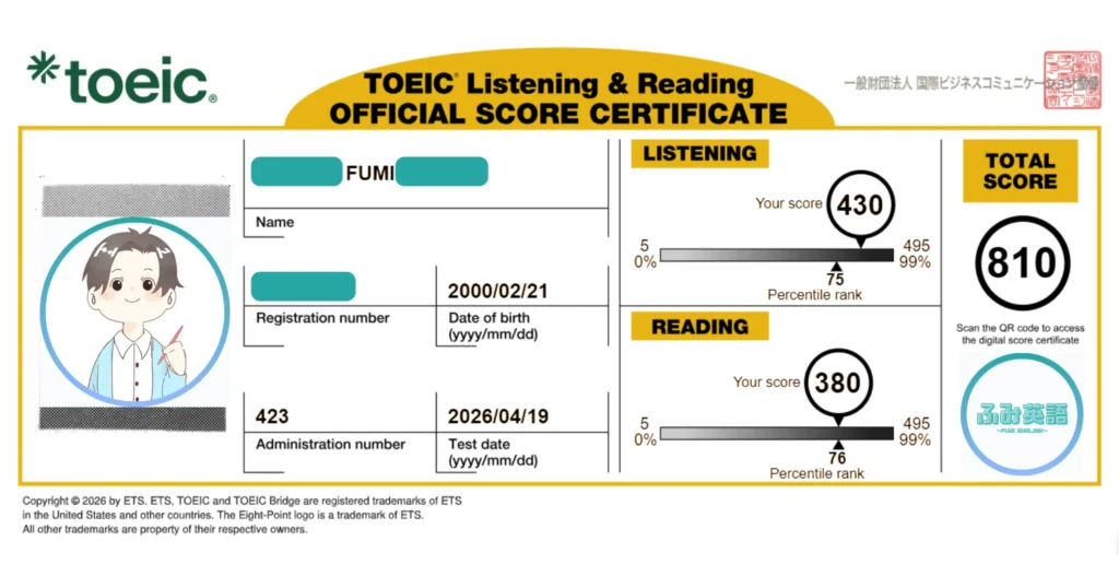 ふみのTOEICスコアシート。810点